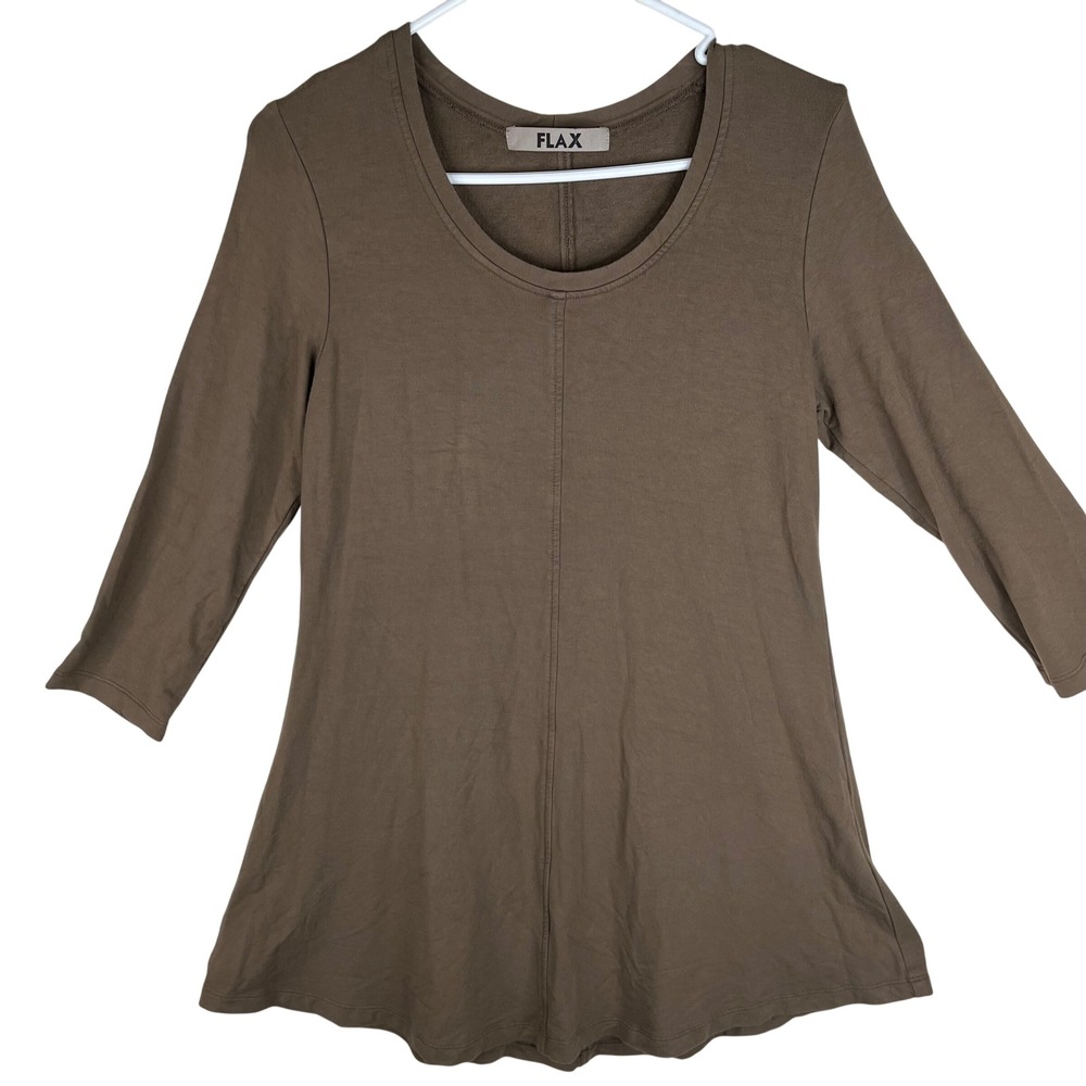 FLAX Tunic Top Womens Small Brown 3/4 Sleeve Scoop Neck Rayon Spandex USA Made